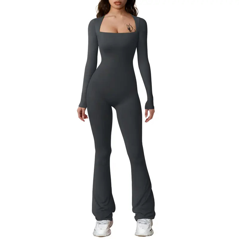 HYZ Women'S Fall Long Sleeve Square Neck Wide Leg Yoga Party Daily One Piece Jumpsuit