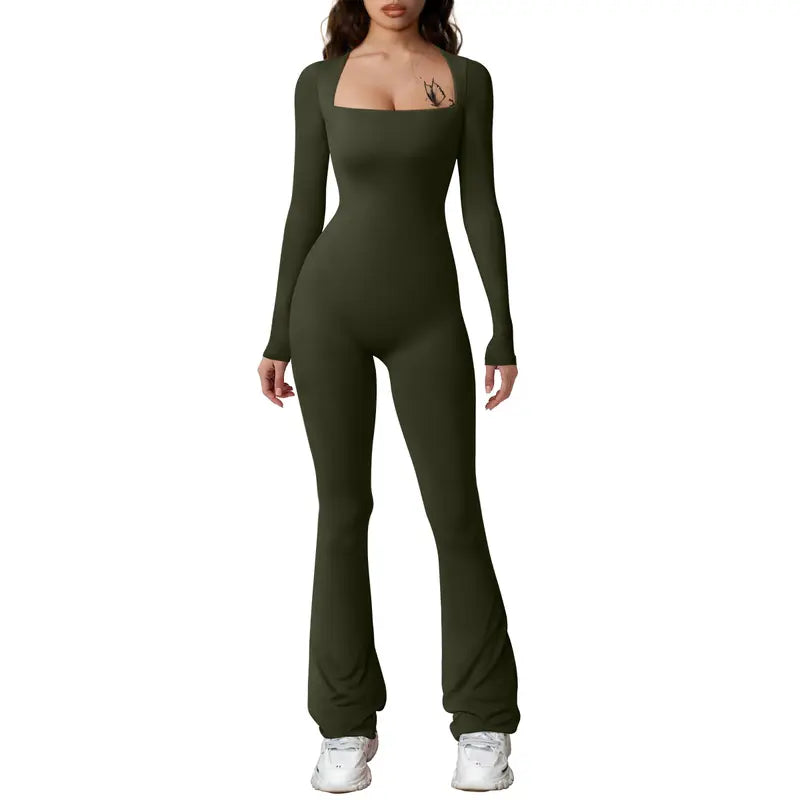HYZ Women'S Fall Long Sleeve Square Neck Wide Leg Yoga Party Daily One Piece Jumpsuit