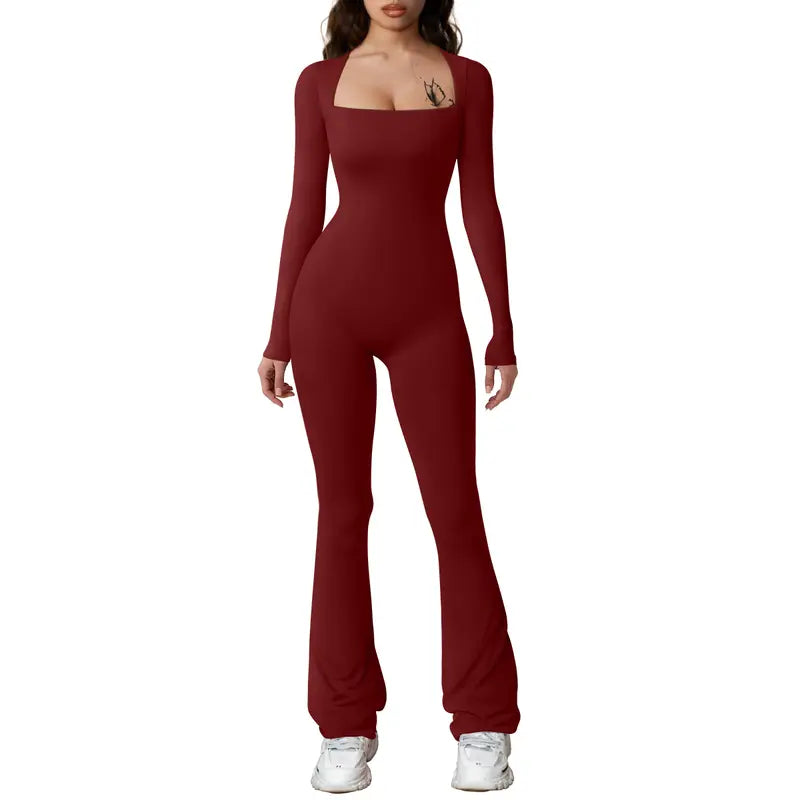 HYZ Women'S Fall Long Sleeve Square Neck Wide Leg Yoga Party Daily One Piece Jumpsuit