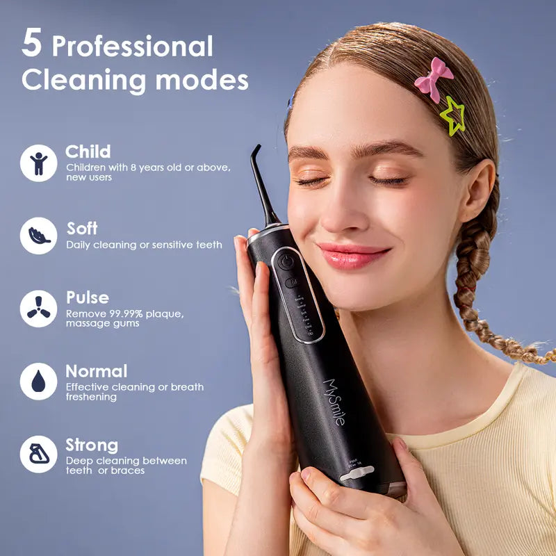 Mysmile Cordless Select (LP211) Oral Irrigator Water Flosser W/ 260ML Water Tank 5 Cleaning Modes 8 Replaceable Jet Tips and Storage Bag Mothers Day Gifts Daily Nozzle Cleansing