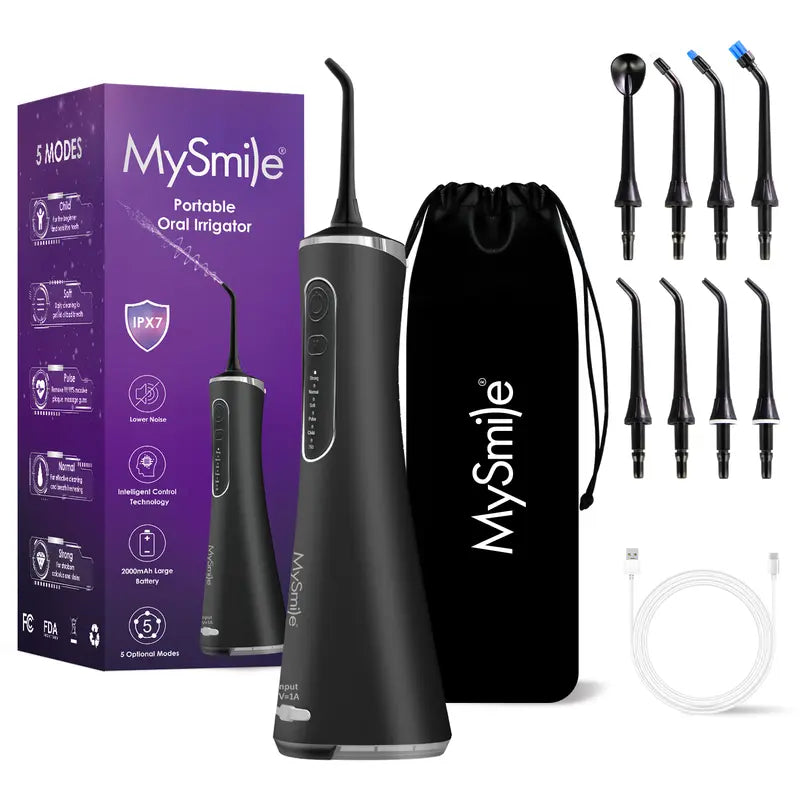 Mysmile Cordless Select (LP211) Oral Irrigator Water Flosser W/ 260ML Water Tank 5 Cleaning Modes 8 Replaceable Jet Tips and Storage Bag Mothers Day Gifts Daily Nozzle Cleansing