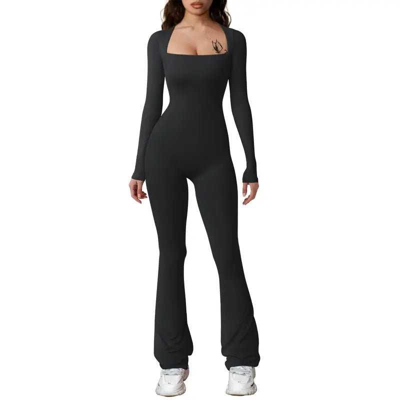 HYZ Women'S Fall Long Sleeve Square Neck Wide Leg Yoga Party Daily One Piece Jumpsuit